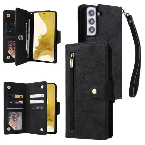 Samsung Galaxy S22+ Rivet Buckle 9 Cards Three Fold Leather Phone Case - Black