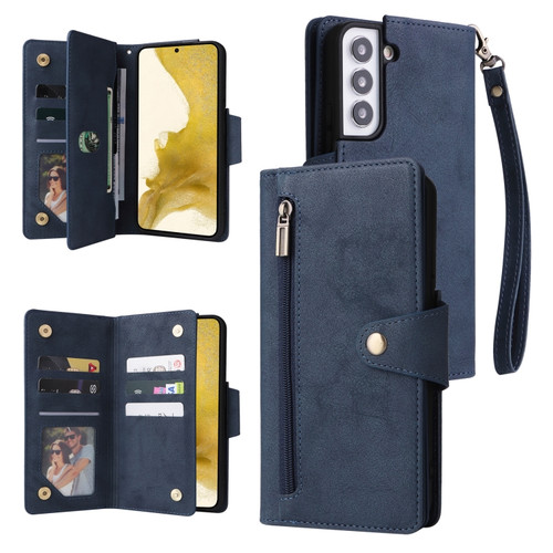 Samsung Galaxy S22+ Rivet Buckle 9 Cards Three Fold Leather Phone Case - Blue