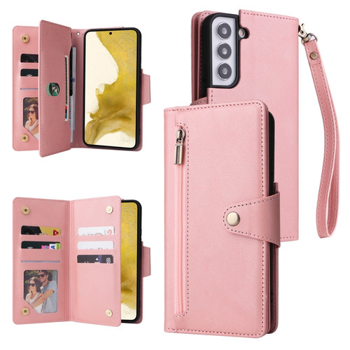 Samsung Galaxy S22+ Rivet Buckle 9 Cards Three Fold Leather Phone Case - Rose Gold