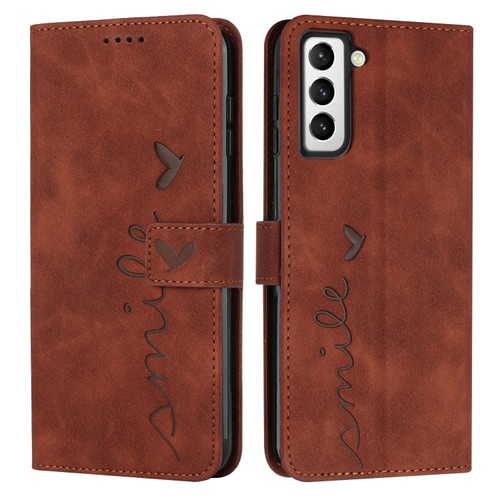 Samsung Galaxy S22+ Skin Feel Heart Pattern Leather Phone Case - Brown