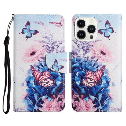 iPhone 15 Pro Max 3D Colored Drawing Flip Leather Phone Case - Purple butterfly