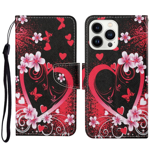 iPhone 15 Pro Max 3D Colored Drawing Flip Leather Phone Case - Red Heart