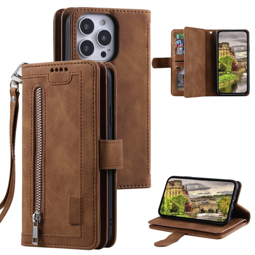 iPhone 15 Pro Max Nine Card Zipper Bag Leather Phone Case with Lanyard - Brown