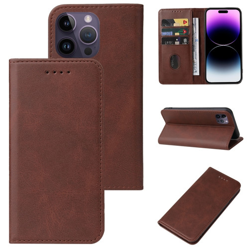 iPhone 15 Pro Max Magnetic Closure Leather Phone Case - Brown