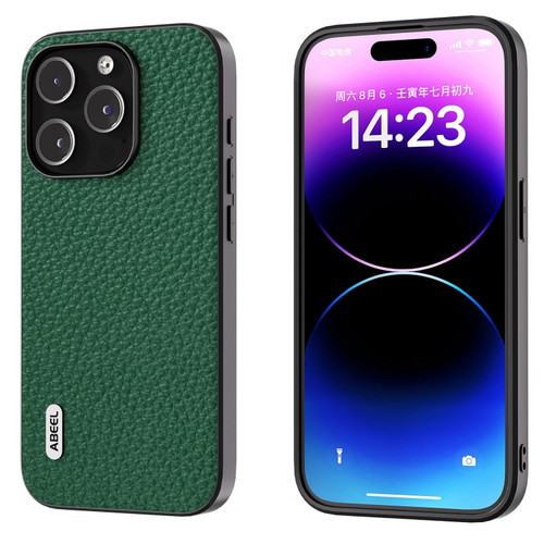 iPhone 15 Pro Max ABEEL Genuine Leather Litchi Texture Phone Case - Green