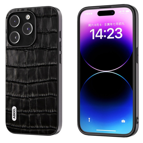 iPhone 15 Pro Max ABEEL Crocodile Texture Genuine Leather Phone Case - Black