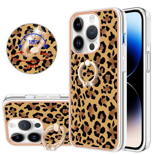 iPhone 15 Pro Max Electroplating Dual-side IMD Phone Case with Ring Holder - Leopard Print