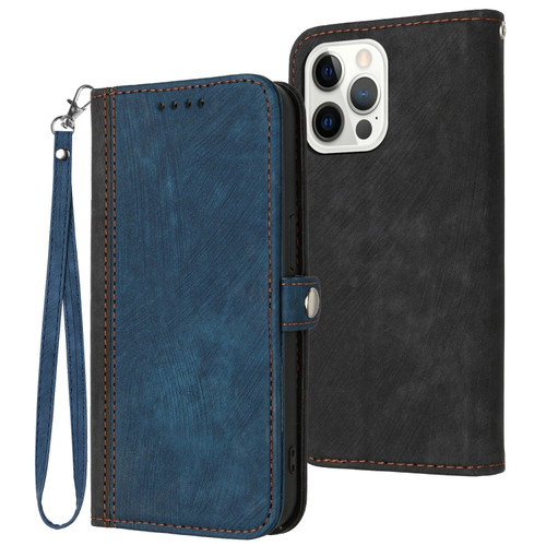 iPhone 15 Pro Max Side Buckle Double Fold Hand Strap Leather Phone Case - Royal Blue
