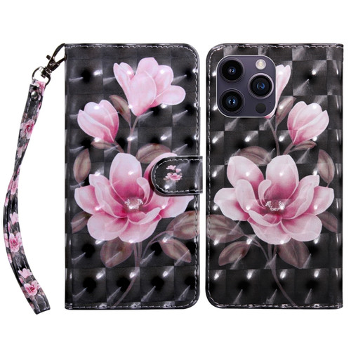 iPhone 15 Pro Max 3D Painted Leather Phone Case - Pink Flower