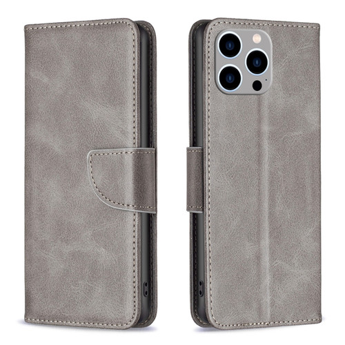 iPhone 15 Pro Max Lambskin Texture Pure Color Flip Leather Phone Case - Grey