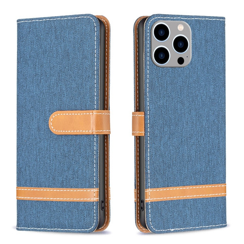 iPhone 15 Pro Max Color Block Denim Texture Leather Phone Case - Dark Blue