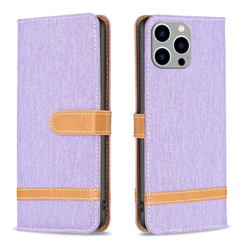iPhone 15 Pro Max Color Block Denim Texture Leather Phone Case - Purple