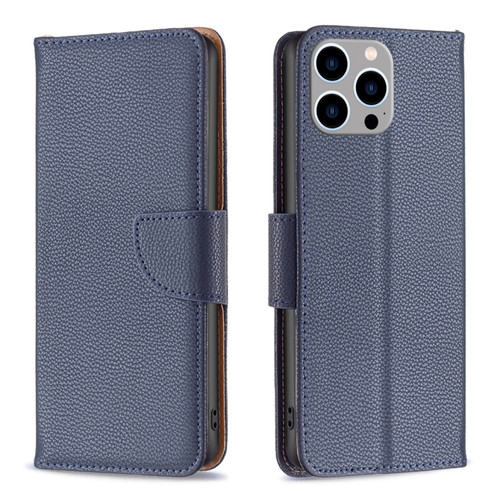 iPhone 15 Pro Max Litchi Texture Pure Color Flip Leather Phone Case - Blue