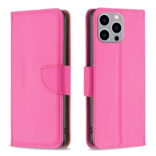iPhone 15 Pro Max Litchi Texture Pure Color Flip Leather Phone Case - Rose Red