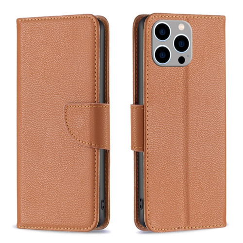 iPhone 15 Pro Max Litchi Texture Pure Color Flip Leather Phone Case - Brown
