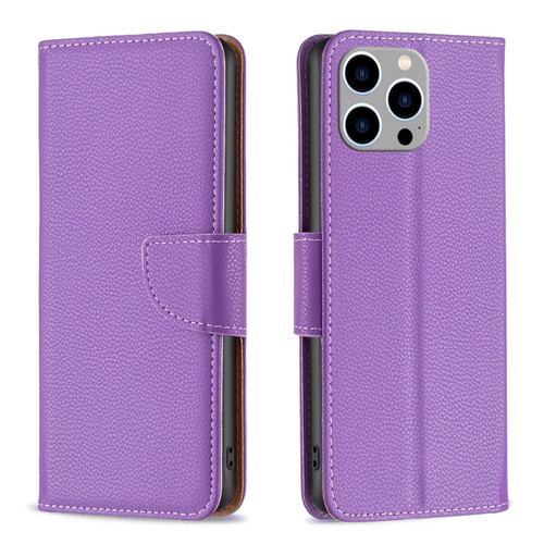 iPhone 15 Pro Max Litchi Texture Pure Color Flip Leather Phone Case - Purple