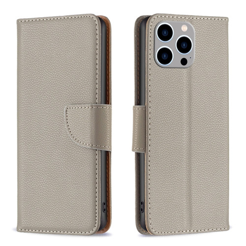 iPhone 15 Pro Max Litchi Texture Pure Color Flip Leather Phone Case - Grey