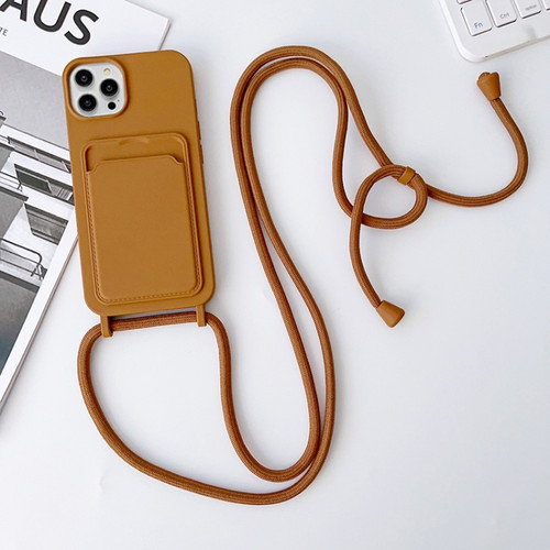 iPhone 15 Pro Max Crossbody Lanyard Elastic Silicone Card Holder Phone Case - Brown