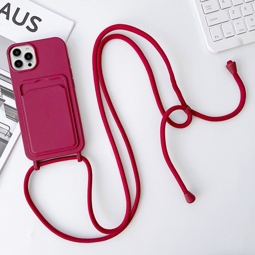 iPhone 15 Pro Max Crossbody Lanyard Elastic Silicone Card Holder Phone Case - Wine Red