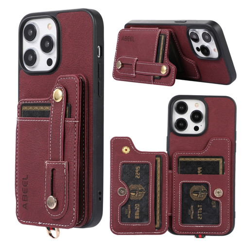 iPhone 15 Pro Max ABEEL Litchi Texture Card Bag PU Phone Case - Purple