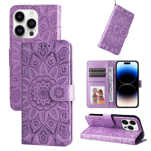 iPhone 15 Pro Max Embossed Sunflower Leather Phone Case - Purple