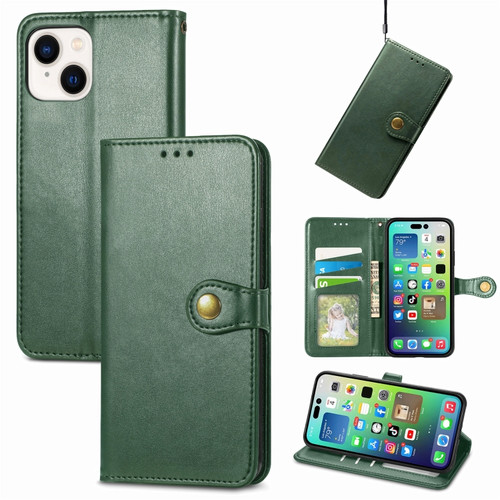 iPhone 15 Pro Max Retro Solid Color Buckle Leather Phone Case - Green