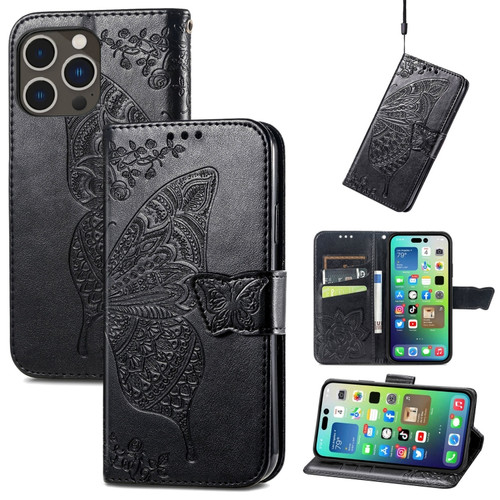 iPhone 15 Pro Max Butterfly Love Flower Embossed Leather Phone Case - Black