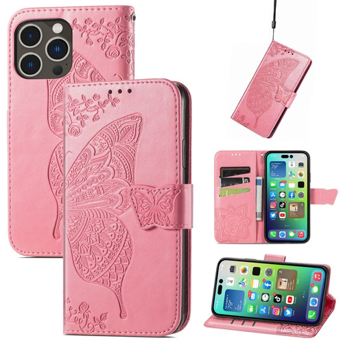 iPhone 15 Pro Max Butterfly Love Flower Embossed Leather Phone Case - Pink