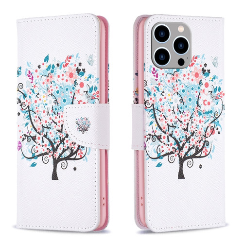 iPhone 15 Pro Max Colored Drawing Pattern Leather Phone Case - Tree