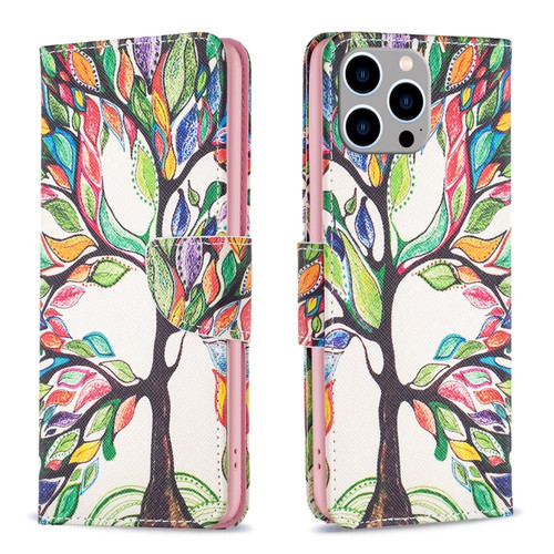 iPhone 15 Pro Max Colored Drawing Pattern Leather Phone Case - Tree Life