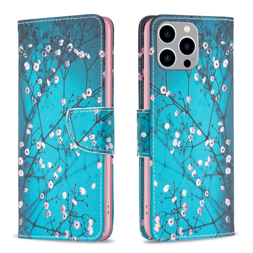 iPhone 15 Pro Max Colored Drawing Pattern Leather Phone Case - Plum Blossom