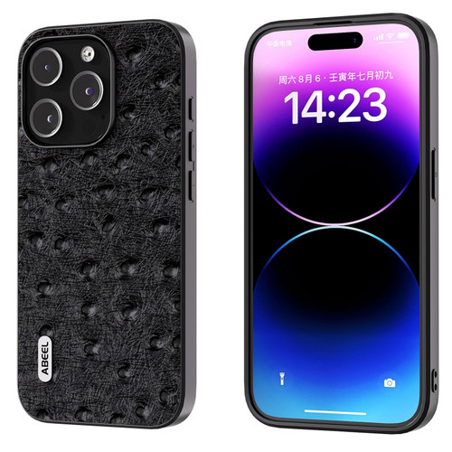 iPhone 15 Pro Max ABEEL Genuine Leather Ostrich Texture Phone Case - Black