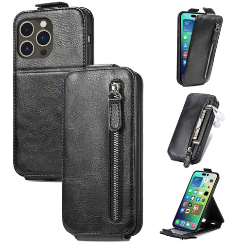 iPhone 15 Pro Max Zipper Wallet Vertical Flip Leather Phone Case - Black