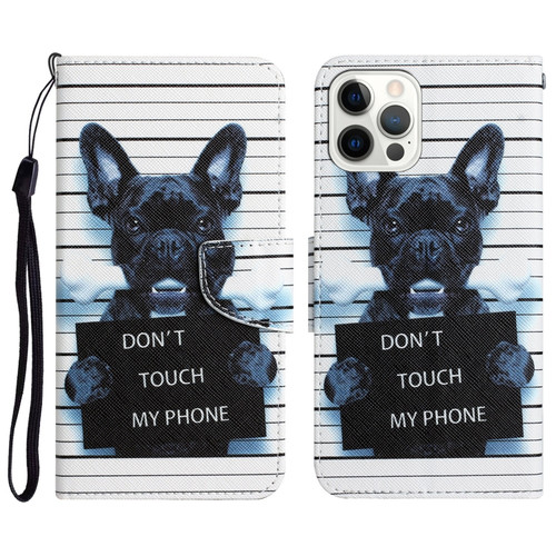 iPhone 15 Pro Max Colored Drawing Leather Phone Case - Black Dog