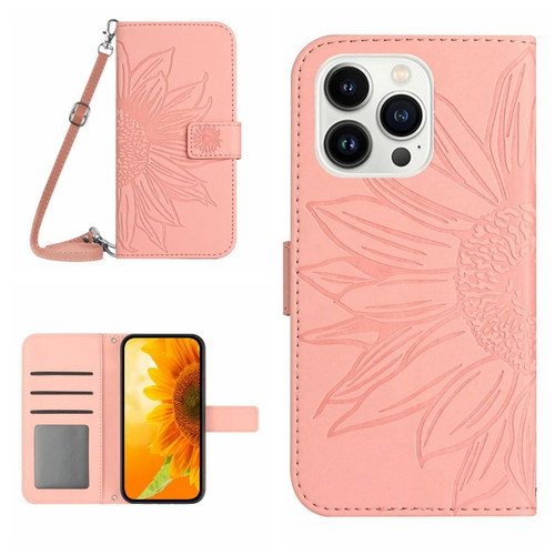 iPhone 15 Pro Max Skin Feel Sun Flower Embossed Flip Leather Phone Case with Lanyard - Pink