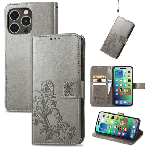 iPhone 15 Pro Max Four-leaf Clasp Embossed Buckle Leather Phone Case - Gray