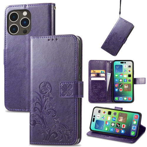 iPhone 15 Pro Max Four-leaf Clasp Embossed Buckle Leather Phone Case - Purple
