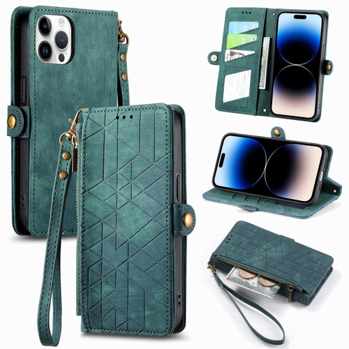 iPhone 15 Pro Max Geometric Zipper Wallet Side Buckle Leather Phone Case - Green