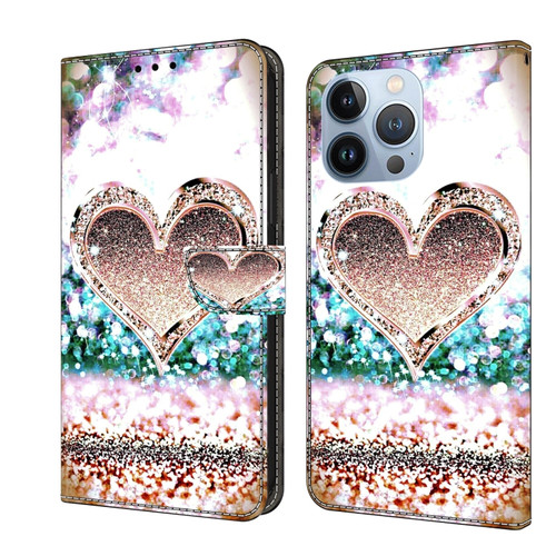 iPhone 15 Pro Max Crystal 3D Shockproof Protective Leather Phone Case - Pink Diamond Heart