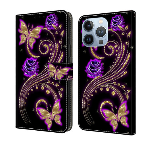iPhone 15 Pro Max Crystal 3D Shockproof Protective Leather Phone Case - Purple Flower Butterfly