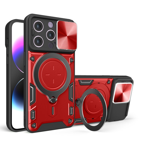 iPhone 15 Pro Max CD Texture Sliding Camshield Magnetic Holder Phone Case - Red