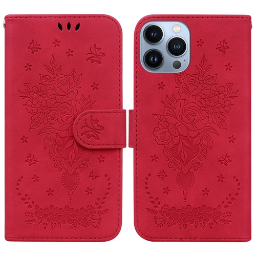 iPhone 15 Pro Butterfly Rose Embossed Leather Phone Case - Red