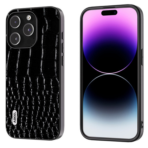iPhone 15 Pro ABEEL Genuine Leather Crocodile Pattern Black Edge Phone Case - Black