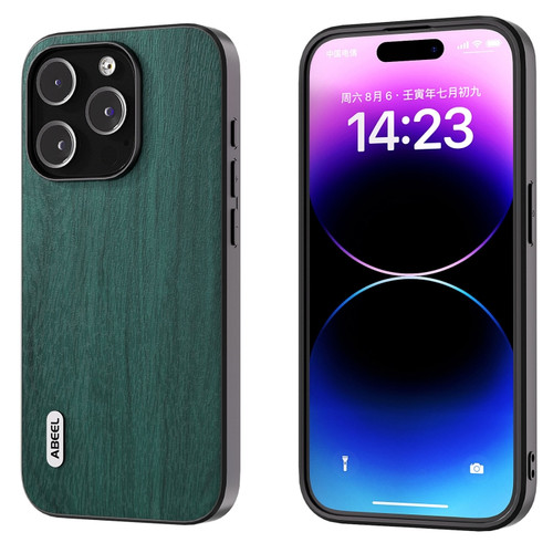 iPhone 15 Pro ABEEL Wood Texture PU Phone Case - Green