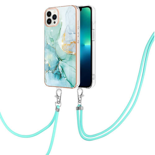 iPhone 15 Pro Electroplating Marble Pattern IMD TPU Shockproof Case with Neck Lanyard - Green 003