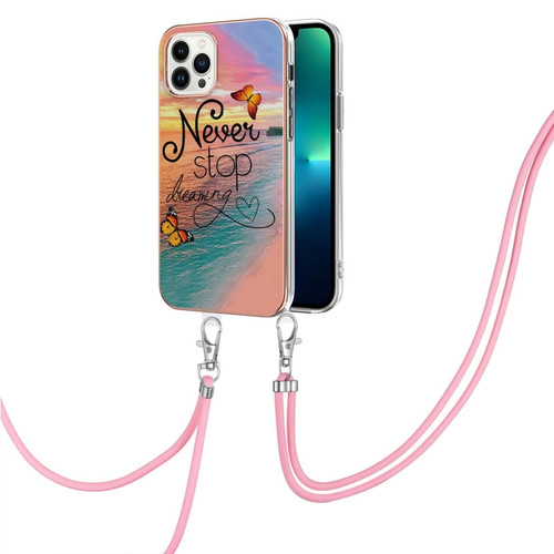 iPhone 15 Pro Electroplating Pattern IMD TPU Shockproof Case with Neck Lanyard - Dream Chasing Butterfly