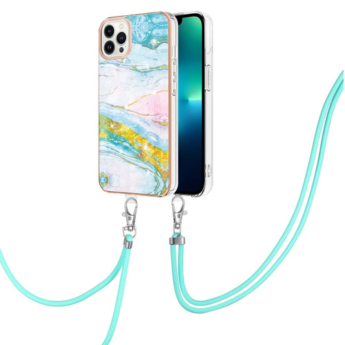 iPhone 15 Pro Electroplating Marble Pattern IMD TPU Shockproof Case with Neck Lanyard - Green 004