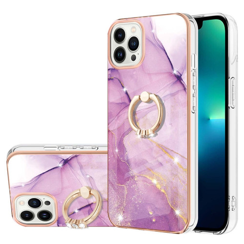 iPhone 15 Pro Electroplating Marble Pattern IMD TPU Shockproof Case with Ring Holder - Purple 001