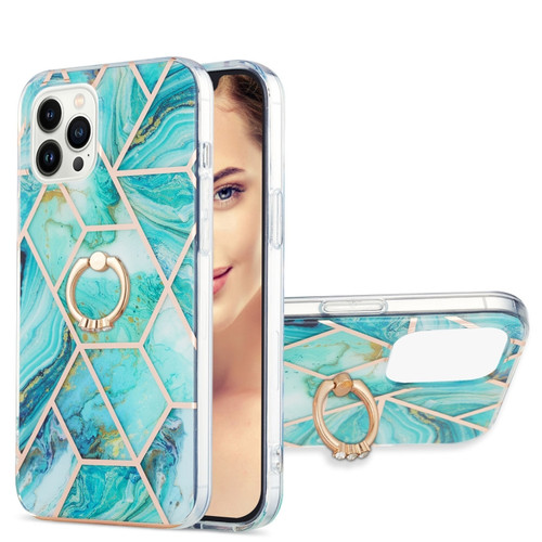 iPhone 15 Pro Electroplating Splicing Marble Pattern IMD TPU Shockproof Case with Ring Holder - Blue