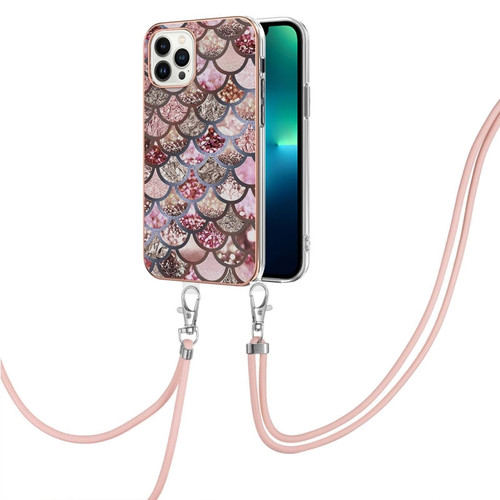 iPhone 15 Pro Electroplating Pattern IMD TPU Shockproof Case with Neck Lanyard - Pink Scales